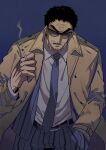  1boy absurdres black_hair brown_coat cigarette coat collared_shirt commentary_request cowboy_shot endou_yuuji facial_hair goatee grey_background grey_jacket grey_necktie grey_pants hand_in_pocket highres holding holding_cigarette inudori jacket kaiji long_sleeves male_focus necktie open_clothes open_coat open_jacket open_mouth pants pinstripe_pattern pinstripe_suit shirt short_bangs short_hair simple_background solo striped striped_pants suit sunglasses teeth v-shaped_eyebrows vertical-striped_pants vertical_stripes very_short_hair white_shirt 