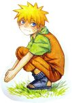  artist_name blonde_hair blue_eyes child commentary commentary_request denoro forehead_protector grass looking_to_the_side naruto naruto_(series) ninja orange_overalls orange_pants overalls pants photoshop_(medium) russian_commentary sandals signature spiky_hair uzumaki_naruto 