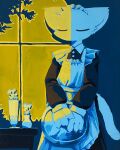  1girl animal_ears apron black_dress cat_ears cat_girl cat_tail closed_eyes cropped_legs dress fgsn_123 frilled_apron frills highres holding holding_tray long_sleeves maid maid_apron original puffy_long_sleeves puffy_sleeves solo standing table tail tray vase window 