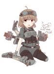  1girl :d absurdres ahoge ammunition_pouch armor armored_boots battle_of_titans belt belt_pouch black_pantyhose boots breastplate gloves headgear highres hozukikasumi knee_pads light_brown_hair mecha_musume mechanical_legs mechanical_parts missile_pod mite_(battle_of_titans) orange_eyes pantyhose personification petite plate_carrier pouch short_hair sitting smile solo thigh_pouch utility_belt wariza weapon white_background 