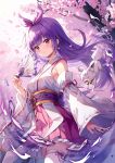  1girl cherry_blossoms detached_sleeves floating_hair fox hair_ribbon hairband hand_fan highres long_hair looking_at_viewer maplestory miniskirt nontraditional_miko ofuda purple_hair ribbon sakura_(nagatoro) sebu_illust skirt solo thigh-highs violet_eyes white_thighhighs zettai_ryouiki 