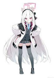  1girl animal_ear_fluff animal_ears black_gloves black_hairband black_shoes black_skirt black_thighhighs blue_archive blue_necktie blush cat_ears closed_mouth collared_shirt fingerless_gloves full_body gloves grey_skirt grey_thighhighs hair_between_eyes hairband halo hands_on_own_hips highres jacket kei_(blue_archive) kei_(new_body)_(blue_archive) leaning_forward long_hair long_sleeves looking_at_viewer necktie open_clothes open_jacket pink_eyes pleated_skirt rinca shirt shoes simple_background skirt solo standing thigh-highs twitter_username very_long_hair white_background white_hair white_jacket white_shirt zettai_ryouiki 