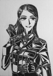  1girl absurdres black_gloves black_jacket bordfunker133 breast_pocket collar_tabs cross dress_shirt gloves greiner-chan_(bordfunker133) greyscale grin hand_in_own_hair herman_greiner highres iron_cross jacket jewelry lipstick long_hair long_sleeves looking_at_viewer makeup monochrome nazi nazi_party_pin original parted_lips pocket real_life shirt shoulder_boards simple_background smile solo swastika upper_body world_war_ii 