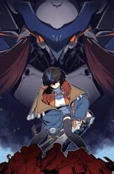  2girls absurdres bike_shorts black_hair black_thighhighs blue_jacket blue_streaks bob_cut breasts commentary english_commentary english_text frown glowing glowing_eyes grandmother_and_granddaughter guilty_gear guilty_gear_strive guilty_gear_strive:_dual_rulers hair_over_one_eye hatotheman highres jacket jacket_over_jacket justice_(guilty_gear) large_breasts looking_at_viewer multicolored_hair multiple_girls red_eyes red_hair shaded_face short_hair shorts skindentation standing streaked_hair sweater thigh-highs turtleneck turtleneck_sweater unika_(guilty_gear) white_sweater 