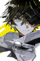  1boy absurdres arknights arknights:_endfield black_hair black_mask blue_eyes closed_mouth commentary_request endministrator_(arknights) grey_jacket half_mask highres jacket looking_at_viewer male_endministrator_(arknights) male_focus mask mura_karuki one_eye_covered parted_bangs portrait solo 