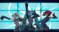  3boys akita_neru akita_neru_(cosplay) alastor_(hazbin_hotel) alastor_horn antenna_hair antlers aqua_eyes aqua_hair aqua_necktie bare_shoulders black_shirt black_skirt black_sleeves blonde_hair blue_eyes blue_hair blue_teeth circle_facial_mark colored_sclera colored_teeth commentary cosplay deer_antlers deer_boy demon_boy detached_sleeves drill_hair evil_grin evil_smile facial_mark grey_shirt grin hair_slicked_back hatsune_miku hatsune_miku_(cosplay) hazbin_hotel hellaverse highres horns kasane_teto kasane_teto_(cosplay) kasane_teto_(utau) long_hair looking_at_viewer lucifer_morningstar_(hazbin_hotel) multiple_boys necktie object_head red_eyes red_hair red_sclera red_trim sharp_teeth shirt side_ponytail skirt sleeveless sleeveless_shirt smile symbol-only_commentary teeth television triple_baka_(vocaloid) twin_drills twintails utau very_long_hair vocaloid vox_(hazbin_hotel) wall_panel yellow_eyes yellow_necktie yellow_sclera yellow_teeth yellow_trim 