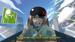  1boy 1girl ace_combat aerial_battle aircraft airplane battle canopy_(aircraft) chopsticks cockpit dogfight eating flight_suit food helmet highres holding holding_chopsticks holding_food mgguy noodles pilot pilot_helmet pilot_uniform project_wingman ramen 