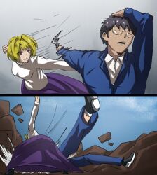  1boy 1girl adjusting_hair arcueid_brunestud attack black_pantyhose black_shoes blonde_hair breasts closed_eyes counter dodging gakuran glasses meme mir12728304 misaki_municipal_high_school_uniform nanatsu-yoru naoya_hitting_choso_without_looking_(meme) open_clothes pantyhose purple_skirt red_eyes school_uniform shirt shoes short_hair skirt slamming_another slashing smile sweater tohno_shiki tsukihime turtleneck turtleneck_sweater white_shirt white_sweater 