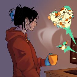  1boy ahoge beard_stubble black_hair blue_eyes blue_hands coffee_mug commentary computer computer_keyboard creature cup desk ear_piercing earrings english_commentary facial_hair from_side highres holding holding_cup holostars holostars_english hood hoodie jewelry josuiji_shinri koi koipanion_(josuiji_shinri) long_hair long_sleeves male_focus mug piercing profile red_hoodie smile steam stubble tpknnts updo upper_body virtual_youtuber 