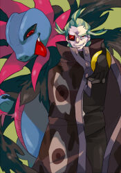  1boy black_coat coat commentary_request ghetsis_(pokemon) green_background green_hair hydreigon looking_at_viewer male_focus outstretched_arm ozato_(doituitaria) pokemon pokemon_(creature) pokemon_bw2 red_eyes tongue tongue_out 