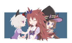  3girls animal_ears animal_hat beer_hsk black_hat blue_background bow braid brown_hair brushing_another's_hair brushing_hair closed_eyes closed_mouth commentary_request cropped_torso curren_chan_(umamusume) ear_bow ear_ribbon fake_animal_ears grey_hair hair_between_eyes hair_brush hair_rings hat horse_ears long_hair multiple_girls open_mouth orfevre_(old_design)_(umamusume) profile puffy_short_sleeves puffy_sleeves purple_bow purple_ribbon purple_shirt red_bow ribbon school_uniform shirt short_sleeves smile sweep_tosho_(umamusume) tracen_school_uniform two-tone_background umamusume upper_body very_long_hair violet_eyes wavy_mouth white_background witch_hat 