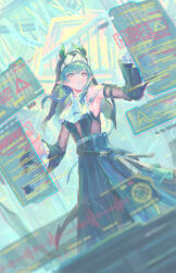  1girl arknights arknights:_endfield black_dress blue_eyes blue_hair blue_theme commentary detached_sleeves dress english_commentary error_message frilled_sleeves frills highres looking_at_viewer low_twintails pointy_ears sign solo twintails warning_sign wide_sleeves xaihi_(arknights) zheng_jian 