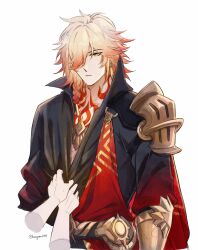  1boy 1other armor black_coat blonde_hair braid chest_tattoo clawed_gauntlets coat commentary_request earrings facial_tattoo gold_earrings gold_necklace gradient_hair hair_over_one_eye highres hongam2911 honkai:_star_rail honkai_(series) jewelry male_focus medium_hair multicolored_hair mydei_(honkai:_star_rail) necklace open_clothes open_coat pauldrons red_hair red_tattoo shoulder_armor side_braid simple_background single_pauldron solo sweatdrop tattoo twitter_username vietnamese_commentary white_background yellow_eyes 