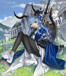  1girl absurdres arknights axe battle_axe black_pantyhose blue_hair blue_sky bug building butterfly clouds covered_mouth cynisca_(arknights) dor_m flower full_body head_wreath highres holding holding_flower horns long_hair looking_at_viewer on_grass outdoors pantyhose pillar shoes sky solo violet_eyes weapon white_shoes 