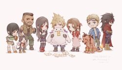  3girls 5boys aerith_gainsborough anniversary barret_wallace black_gloves black_hair black_skirt black_thighhighs blonde_hair blue_eyes blue_jacket braid braided_ponytail brown_eyes brown_hair brown_vest cait_sith_(final_fantasy) cape cid_highwind cloak cloud_strife commentary copyright_name crop_top dark-skinned_male dark_skin dated dress facial_hair final_fantasy final_fantasy_vii final_fantasy_vii_remake fire flame-tipped_tail full_body gloves goggles goggles_on_head green_eyes green_pants green_sweater hair_ribbon headband highres jacket long_hair low-tied_long_hair maoli45222137 moogle multiple_boys multiple_girls open_clothes open_jacket pants pink_dress pink_ribbon red_cape red_cloak red_eyes red_headband red_jacket red_xiii ribbon short_hair shorts skirt socks standing suspender_skirt suspenders sweater tail tank_top thigh-highs tifa_lockhart turtleneck turtleneck_sweater vest vincent_valentine white_socks white_tank_top yuffie_kisaragi 