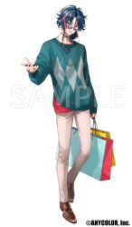  1boy alternate_costume aqua_sweater argyle_clothes argyle_sweater arm_at_side bag black_choker black_nails blue_hair braid brown_shoes chain chain_necklace choker commentary_request copyright_notice crew_neck curtained_hair earrings full_body hair_rings holding holding_bag jewelry kaisei_(nijisanji) koujisako long_sleeves looking_at_viewer male_focus multicolored_hair multiple_rings nail_polish necklace nijisanji o-ring o-ring_choker offering_hand official_art oxfords pants parted_bangs parted_lips purple-tinted_eyewear red_background red_eyes red_hair ring round_eyewear sample_watermark shoes shopping_bag side_braid simple_background single_earring single_hair_ring smile solo standing streaked_hair sweater tinted_eyewear virtual_youtuber watermark white_background white_pants 