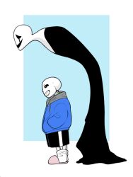  2021 2boys 2d behind_another bent_over black_shorts blue_background blue_jacket border digital_media drawstring from_side full_body grey_hood hands_in_pockets height_difference hollow_eyes hood hood_down hooded_jacket humanoid inkfallible jacket long_sleeves male male_focus male_only monster monster_boy multiple_boys outside_border pink_slippers sans_(undertale) shorts simple_background single_vertical_stripe skeleton slime_(substance) slippers socks standing striped_shorts teeth two-tone_background undead undertale utdr_(toby_fox) vertical-striped_clothes vertical-striped_shorts w.d._gaster white_background white_border white_socks white_stripes 