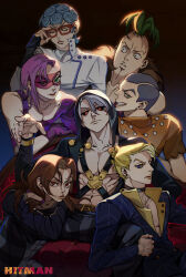  6+boys absurdres black_sclera blonde_hair blue_eyes brown_hair colored_sclera commentary curly_hair english_commentary formaggio formal_clothes ghiaccio glasses grey_hair hat_bobbles highres illuso jojo_no_kimyou_na_bouken melone multiple_boys pesci prosciutto_(jojo) red-framed_eyewear red_eyes reichio risotto_nero short_hair suit vento_aureo 