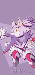  1girl absurdres animal_ears blaze_the_cat cat_ears cat_girl cat_tail character_name fire forehead_jewel fur-trimmed_gloves fur-trimmed_shoes fur_trim gloves high_heels highres official_art ponytail purple_background purple_fur simple_background sonic_(series) sonic_channel tail white_gloves yellow_eyes 