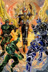  5boys absurdres altering_(agito) another_agito antennae armor belt black_bodysuit black_gloves bodysuit bug compound_eyes gloves gold_armor gold_horns grasshopper green_armor green_horns green_mask helmet highres horns kamen_rider kamen_rider_agito kamen_rider_agito:_project_g4 kamen_rider_agito_(ground_form) kamen_rider_agito_(series) kamen_rider_g3-x kamen_rider_g4 kamen_rider_gills male_focus mask multiple_boys organic power_armor red_eyes rider_belt tokusatsu uminounita 