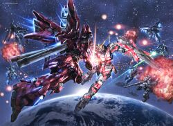  absurdres artbook assault_visor barzam battle beam_cannon beam_rifle blue_visor cable delta_plus earth_(planet) earth_federation energy_beam energy_gun energy_sword english_text explosion gaza-d gm_iii gun gundam gundam_perfect_file gundam_unicorn highres hizack hizack_custom in_orbit laser magazine_scan mecha mecha_focus mobile_suit morishita_naochika nebula neo_zeon no_humans painting_(medium) planet realistic regelg robot scan scene_reference science_fiction shield sinanju space star_(sky) sword thrusters traditional_media unicorn_gundam v-fin war weapon zero_gravity zeta_plus 