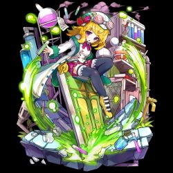  1girl :o alumina_(merc_storia) black_background black_thighhighs blonde_hair blush bottle bow bowtie breaking breasts broken broken_glass coat door full_body glass glass_shards goggles goggles_on_head hat highres large_breasts long_hair long_sleeves merc_storia merc_storia_art_team miniskirt motion_lines official_art open_clothes open_coat open_hand outstretched_arm paper pleated_skirt purple_bow purple_skirt shards shoes sidelocks simple_background sitting skirt smoke solo stone_floor tachi-e test_tube thigh-highs v-shaped_eyebrows vest violet_eyes white_coat white_hat white_vest yellow_shoes 