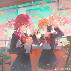  2girls ^_^ absurdres adjusting_eyewear bell black-framed_eyewear blonde_hair blue_flower bow bowtie bug building butterfly camera chaconne cherry_blossoms chinese_commentary closed_eyes closed_mouth commentary_request covered_mouth cowboy_shot daiba_nana day drink_carton drinking_straw falling_petals flower glasses green_eyes green_ribbon grey_jacket grey_skirt hair_bell hair_ornament hair_over_shoulder hair_ribbon hands_up highres holding holding_camera holding_juice_box hoshimi_junna indoors jacket jingle_bell juice_box long_hair long_sleeves looking_at_viewer low_side_ponytail miniskirt multiple_girls one_eye_covered open_clothes open_jacket petals pleated_skirt purple_hair red_bow red_bowtie ribbon school_uniform seishou_music_academy_uniform shirt_tucked_in short_hair shoujo_kageki_revue_starlight side_ponytail single-lens_reflex_camera skirt standing taking_picture watermark weibo_username weibo_watermark white_jacket window yellow_butterfly 