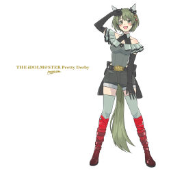  1girl :d absurdres animal_ears artist_name belt black_gloves black_shorts boots commentary_request ear_covers elbow_gloves full_body gloves green_eyes green_hair grey_thighhighs highres horse_ears horse_girl horse_tail idolmaster idolmaster_shiny_colors kemonomimi_mode kopperion looking_at_viewer nanakusa_nichika red_boots short_hair shorts signature simple_background smile solo tail thigh-highs umamusume white_background 