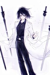  1girl 8612starreader black_hair black_shirt bob_cut coat collared_shirt feet_out_of_frame floating floating_object floating_sword floating_weapon han_sooyoung han_sooyoung_(1863rd_turn) hand_in_pocket hand_up highres looking_at_viewer offering_hand omniscient_reader's_viewpoint open_clothes open_coat outstretched_hand shirt short_hair smile solo sword weapon white_coat wind wind_lift 