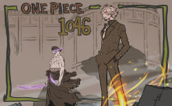  2boys absurdres blonde_hair collared_shirt commentary_request copyright_name curly_eyebrows facial_hair goatee hands_in_pockets haramaki highres holding holding_sword holding_weapon japanese_clothes katsumi_ishizuka kimono male_focus multiple_boys mustache one_piece roronoa_zoro sanji_(one_piece) shirt suit sword topless_male weapon weapon_in_mouth 