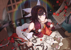  1girl absurdres alternate_costume animalization black_hair blue_eyes calligraphy calligraphy_brush cat columbina_(genshin_impact) commentary_request flower genshin_impact hand_on_own_chin head_wings headdress highres holding holding_calligraphy_brush holding_paintbrush indoors li_feng_(user_hvnc4748) long_hair looking_at_viewer multicolored_hair one_eye_closed paintbrush paw_print plum_blossoms pom_pom_(clothes) purple_hair sandrone_(genshin_impact) smile violet_eyes wings 