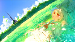  1girl absurdres ahoge ascot atri atri-my_dear_moments- black_bow blue_sailor_collar blue_sky blurry blush bow brown_hair chinese_commentary clouds commentary cowboy_shot dappled_sunlight day depth_of_field dress dutch_angle falling_leaves grass highres holding holding_own_hair leaf long_hair long_sleeves looking_at_viewer lying on_back on_grass outdoors parted_lips red_ascot red_eyes sailor_collar sailor_dress sky solo sunlight two_side_up very_long_hair ze_ping45283 