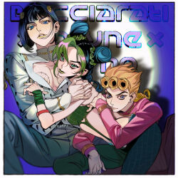  1girl 2boys black_hair blonde_hair blue_eyes bob_cut border braid braided_ponytail bruno_bucciarati bun_with_braided_base character_name commentary double_bun giorno_giovanna green_lips hair_bun highres jojo_no_kimyou_na_bouken kujo_jolyne long_hair multiple_boys reichio short_hair stone_ocean symbol-only_commentary vento_aureo white_border zipper zipper_pull_tab 