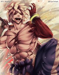  abs arc_system_works biceps blonde_hair broad_shoulders colored_skin demon demon_boy dnf_duel dungeon_and_fighter glowing glowing_eyes guilty_gear guilty_gear_strive highres holding holding_sword holding_weapon huge_pectorals large_pectorals louie_ferhanil manly martial_arts muscular muscular_arms muscular_male non-web_source original pectorals red_eyes red_skin ripped sword topless_male veins veiny_arms weapon 