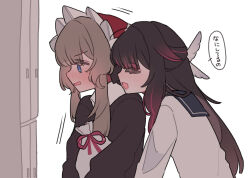  22_rink 2girls black_dress black_hair black_sailor_collar blue_eyes blush bonnet closed_eyes columbina_(genshin_impact) commentary_request dress genshin_impact grey_hair head_on_another's_shoulder highres locker long_hair multiple_girls open_mouth pink_streaks sailor_collar sandrone_(genshin_impact) shirt simple_background speech_bubble translation_request white_background white_shirt yuri 