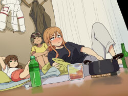  3girls alcohol beer blue_eyes blush brown_hair commentary_request cup curtains eyewear_on_head frown galois glasses green_eyes highres indoors korean_commentary long_hair lying mug multiple_girls original pants shirt short_hair sunglasses t-shirt 