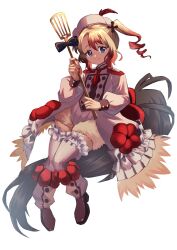  1girl black_bow black_bowtie blue_eyes boots bow bowtie commentary_request curly_hair dress feathered_hat flower flower_ornament frilled_dress frilled_thighhighs frills hat highres maaa_illust magical_girl mahou_shoujo_ikusei_keikaku mahou_shoujo_ikusei_keikaku_restart multicolored_hair necktie pechika_(mahoiku) red_flower red_necktie short_hair smile thigh-highs white_background 
