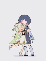  ._. 1boy 1girl :> anklet aracanthus38633 armlet belt black_belt black_bow black_hair black_sandals black_shorts bloomers blue_cape blunt_ends blush bow bracelet cape closed_eyes closed_mouth detached_sleeves dress ear_blush facing_viewer furisode genshin_impact gold_trim green_cape green_eyes green_hair green_sleeves grey_background hair_ornament hakama hakama_shorts hand_on_another's_back headpat height_difference highres hug japanese_clothes jewelry kimono leaf leaf_hair_ornament leg_warmers looking_at_viewer nahida_(genshin_impact) pleated_shorts pointy_ears purple_rope purple_sash rope sandals sash scaramouche_(genshin_impact) shorts shoulder_peek smile socks sweatdrop tassel toeless_legwear twitter_username wanderer_(genshin_impact) white_bloomers white_dress white_hair white_kimono white_leg_warmers white_socks zouri 