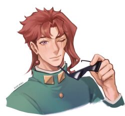  1boy commentary earrings english_commentary glasses holding holding_removed_eyewear jewelry jojo_no_kimyou_na_bouken kakyoin_noriaki kookirani kujo_jotaro looking_at_viewer male_focus one_eye_closed red_hair scar scar_across_eye scar_on_face sideburns simple_background solo stardust_crusaders sunglasses unworn_eyewear upper_body violet_eyes white_background 