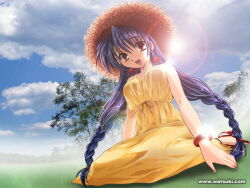  1girl bad_id blue_hair blue_sky bracelet braid breasts brown_eyes clouds dress from_below full_body grass hair_ribbon hat high_heels jewelry lens_flare long_hair low-braided_long_hair low-tied_long_hair medium_breasts on_grass original outdoors photo_background red_ribbon red_shoes ribbon shoes sitting sky solo straw_hat sun sundress sunlight tree twin_braids very_long_hair wariza watsuki_ayamo web_address yellow_dress yellow_ribbon 