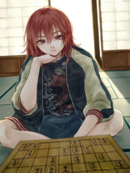  1girl blurry blurry_foreground board_game brown_eyes brown_hair highres idolmaster idolmaster_cinderella_girls indoors iruyi_kokeishi jacket looking_at_viewer medium_hair murakami_tomoe open_clothes open_jacket print_shirt shirt shogi shouji sitting skirt sliding_doors solo tatami thinking 