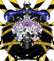  5girls animal_ear_fluff animal_ears arjuna_625 bandaid bandaid_hair_ornament belt black_collar black_dress black_flower black_gloves black_hair black_horns black_jacket black_nails black_sleeves black_wings blue_belt blue_eyes blue_hair blue_hairband book breasts caution_tape chest_jewel claw_pose collar colored_inner_hair commentary corrupted_twitter_file cropped_shirt demon_horns detached_sleeves dog_ears dog_girl dress english_commentary fake_horns feathered_wings floating_hair flower fur-trimmed_jacket fur_trim fuwawa_abyssgard fuwawa_abyssgard_(1st_costume) gem gloves grin group_picture hair_between_eyes hair_ornament hair_spread_out hairband hairclip headphones headphones_around_neck headpiece highres holding holding_book holoadvent hololive hololive_english horn_flower horn_hairband horns jacket jewel_under_eye koseki_bijou koseki_bijou_(1st_costume) large_breasts long_hair long_sleeves looking_at_viewer low_wings metal_wings microphone mococo_abyssgard mococo_abyssgard_(1st_costume) multicolored_hair multiple_girls nail_polish nerissa_ravencroft nerissa_ravencroft_(1st_costume) open_book open_clothes open_jacket open_mouth outstretched_arms oversized_wings parallel_hairclips partially_colored pink_belt pink_eyes pink_hair pink_hairband purple_gem purple_hair red_eyes shiori_novella shiori_novella_(1st_costume) shirt siblings signature sisters sleeves_past_wrists smile spiked_collar spikes split-color_hair spread_arms streaked_hair twins two-tone_hair two_side_up violet_eyes virtual_youtuber white_dress white_shirt wings x_hair_ornament yellow_eyes 