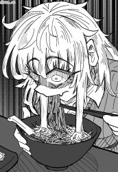  1girl abstract_background artist_name bags_under_eyes bowl chopsticks commentary counter eating english_commentary fang food greyscale hair_in_food highres holding holding_chopsticks long_hair mimi_(nhim) monochrome nhim noodles original ramen skin_fang sweater wide-eyed 