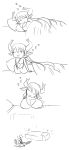  4koma bed breasts cleavage cleavage_cutout comic commentary highres horns large_breasts long_hair matsu-sensei monochrome original pointy_ears silent_comic sleeping what zzz 
