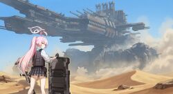  1girl armored_core armored_core:_for_answer black_vest blue_archive crossover desert gun halo hoshino_(armed)_(blue_archive) hoshino_(blue_archive) kisaragi_shokuin mecha robot shield ship_turret shotgun spirit_of_mother_will vest walker_(robot) weapon 