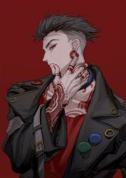  1boy absurdres alternate_hair_color alternate_nail_color arm_tattoo black_coat black_hair chinese_commentary closed_mouth coat collarbone commentary_request earrings enjin_(gachiakuta) gachiakuta hand_tattoo highres hoop_earrings jewelry looking_at_viewer maggot83682214 male_focus neck_tattoo red_background red_eyes red_nails red_shirt red_tattoo shirt short_hair simple_background solo tattoo undercut upper_body 