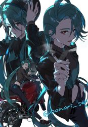 1girl androgynous black_jacket black_pants black_shirt brown_shoes cigarette clothing_cutout commentary_request earrings green_hair grey_jacket hand_in_pocket helmet highres holding holding_cigarette jacket jewelry long_hair looking_at_viewer midriff motor_vehicle motorcycle motorcycle_helmet navel_cutout nori_(oonori_san) official_alternate_costume official_alternate_hairstyle on_motorcycle one_eye_closed open_mouth pants parted_lips pokemon pokemon_masters_ex pokemon_sv red_eyes removing_helmet rika_(palentine's_2026)_(pokemon) rika_(pokemon) shiny_clothes shirt shoes signature simple_background smile smoking solo stomach_cutout twitter_username very_long_hair white_background