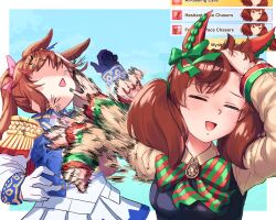 1girl 2girls =_= absurdres animal_ears blush breasts brown_hair commentary commentary_request gameplay_mechanics hair_between_eyes hair_ornament highres horse_ears horse_girl long_hair medium_breasts meme multiple_girls naoya_hitting_choso_without_looking_(meme) nice_nature_(umamusume) open_mouth parody portrait ribbon ryan_(ritenichi) simple_background tokai_teio_(umamusume) umamusume