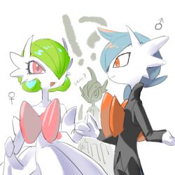  !? 1girl 2boys commentary dress gallade gardevoir hair_over_one_eye lowres mega_gallade mega_gardevoir mega_pokemon multiple_boys orange_eyes pink_eyes pokemon pokemon_(creature) raine_(acke2445) simple_background symbol-only_commentary white_background white_dress 