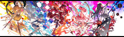  5girls absurdres akemi_homura akemi_homura_(magical_girl) beret black_boots black_hair black_pantyhose blonde_hair blue_eyes blue_hair blue_skirt blue_sleeves boots bow bow_(weapon) breasts bubble_skirt cape charlotte_(madoka_magica) closed_mouth color-coded commentary_request corset creature detached_sleeves dress drill_hair full_body gloves gun hair_bow hairband hat highres holding holding_bow_(weapon) holding_polearm holding_sword holding_weapon holy_quintet incredibly_absurdres kaname_madoka kaname_madoka_(magical_girl) knee_boots kyubey large_breasts long_hair long_sleeves looking_at_viewer magical_girl magical_musket_(madoka_magica) mahou_shoujo_madoka_magica mahou_shoujo_madoka_magica_(anime) mento miki_sayaka miki_sayaka_(magical_girl) multiple_girls pantyhose pink_dress pink_eyes pink_hair pink_shoes polearm puffy_short_sleeves puffy_sleeves red_boots red_dress red_eyes red_hair ribbon sakura_kyoko sakura_kyoko_(magical_girl) shadow shoes short_hair short_sleeves short_twintails skirt small_breasts smile soul_gem standing standing_on_one_leg striped_clothes striped_thighhighs sword thigh-highs tomoe_mami tomoe_mami_(magical_girl) twin_drills twintails vertical-striped_clothes vertical-striped_thighhighs weapon white_cape white_gloves white_thighhighs yellow_eyes yellow_shoes yellow_skirt 